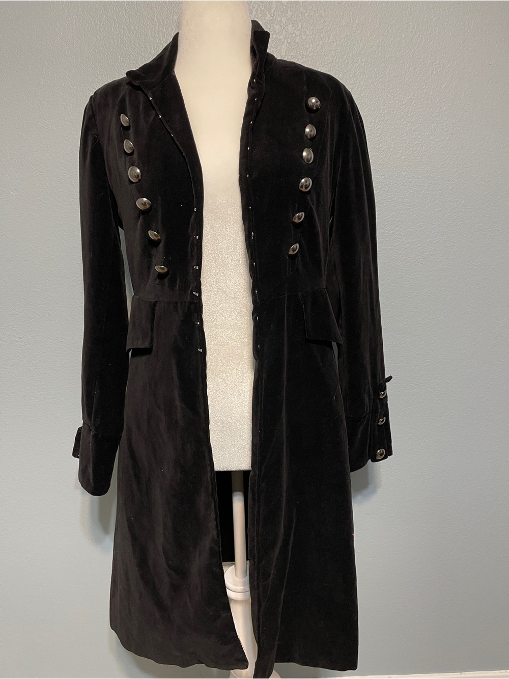Vintage 90s Newport News Black Velvet Steampunk Military Coat Goth Jacket Sz 8